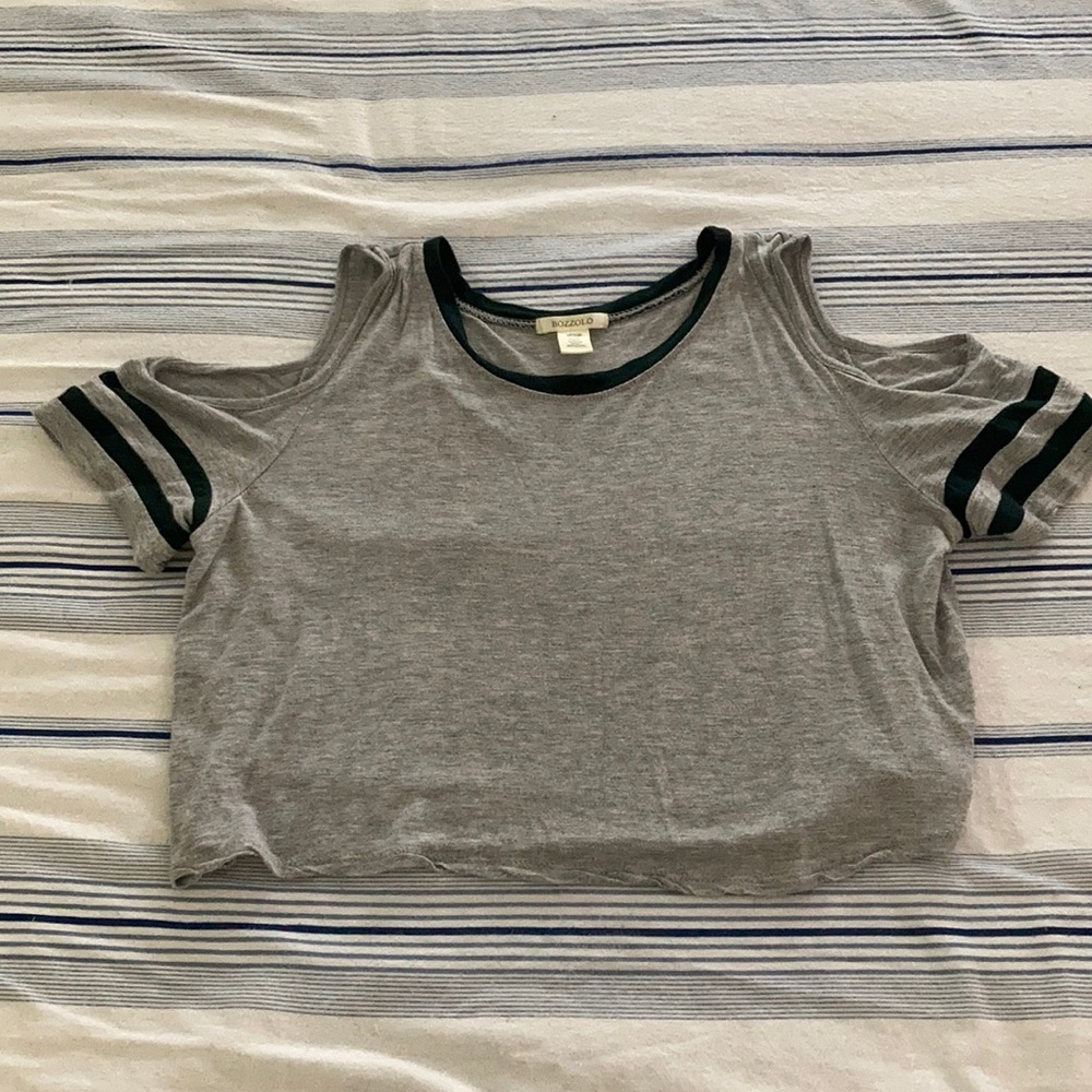 Gray and green cold shoulder crop top